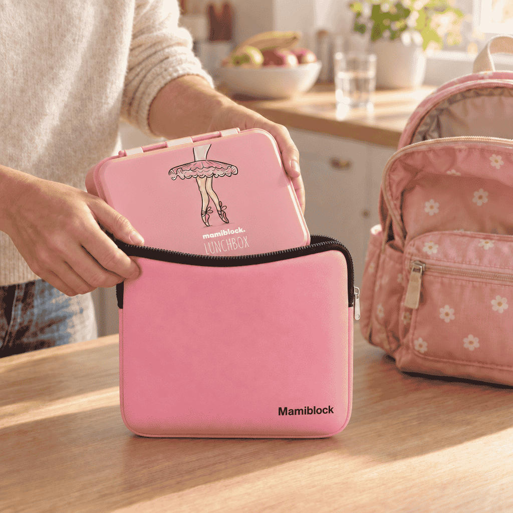 Lunchbox wird in die Schutzhülle gesteckt